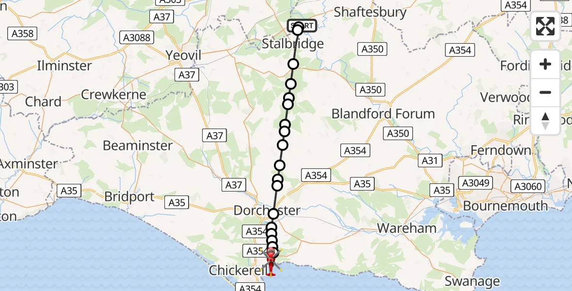 Flight route Air Ambulance Helicopter Henstridge Airfield - Weymouth, 26 July 2026, 16:53