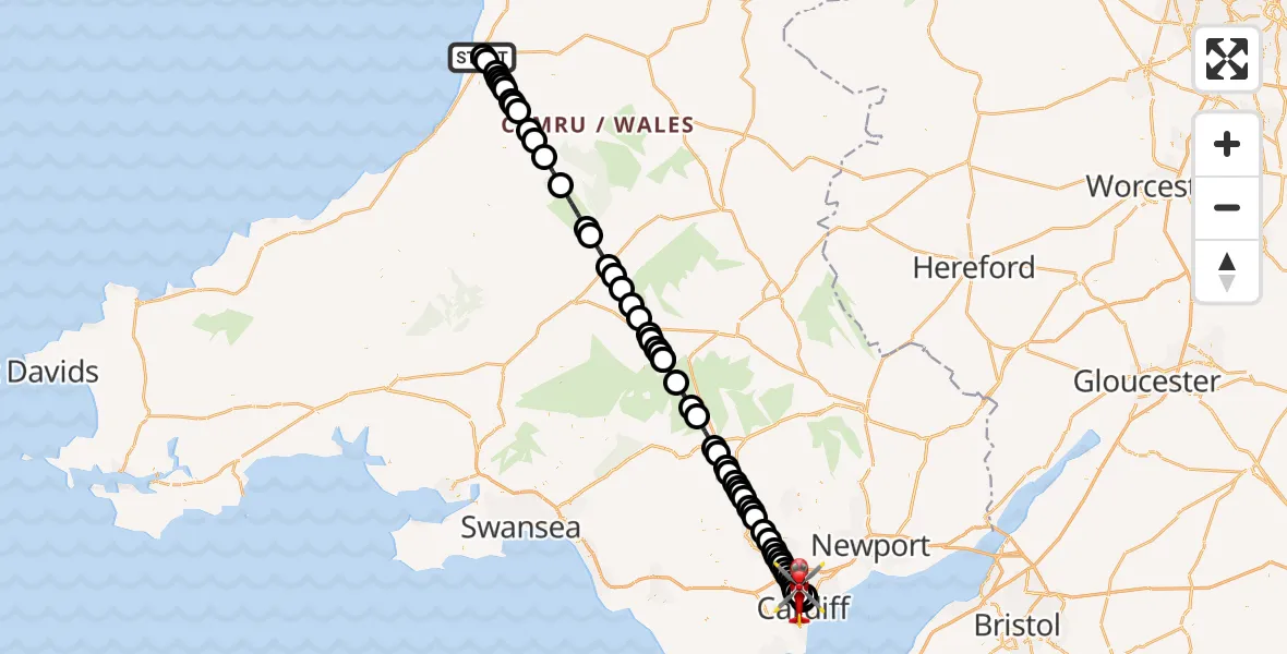 Flight route Air Ambulance Helicopter Aberystwyth - Gabalfa, 26 July 2026, 16:53