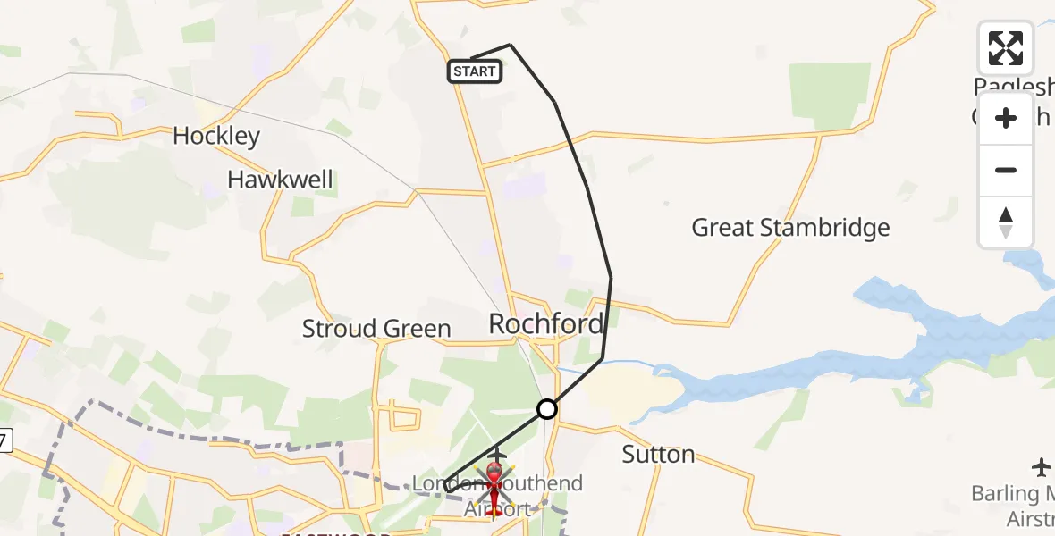 Flight route Air Ambulance Helicopter Rochford - London Southend Airport, 26 July 2026, 16:55
