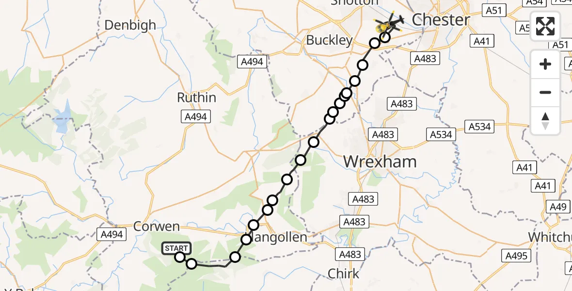 Flight route Police Helicopter Corwen - Hawarden Airport, 26 July 2026, 17:03