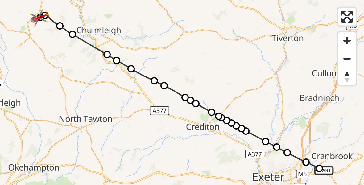 Flight route Air Ambulance Helicopter Exeter International Airport - Eaglescott Airfield, 26 July 2026, 17:12