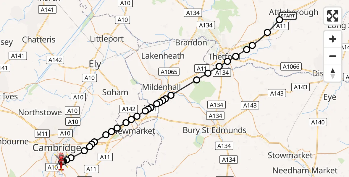 Flight route Air Ambulance Helicopter Breckland - Papworth Hospital, 26 July 2026, 17:13
