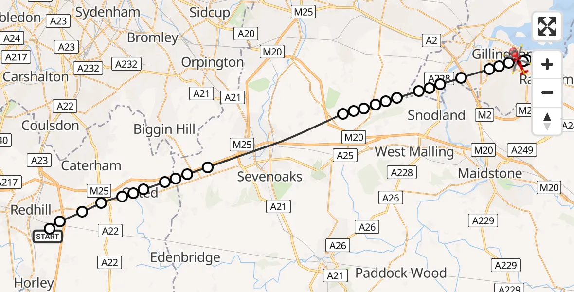 Flight route Air Ambulance Helicopter Redhill Aerodrome - Gillingham, 26 July 2026, 17:19