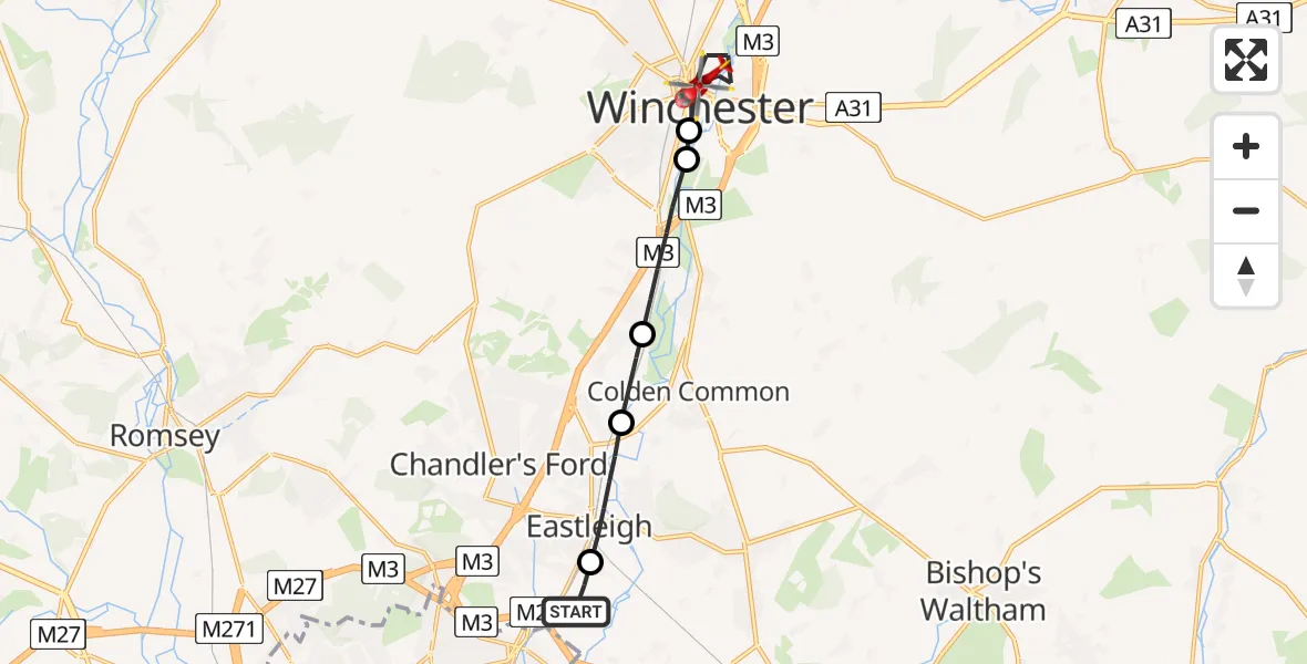 Flight route Air Ambulance Helicopter Southampton Airport - Winchester, 26 July 2026, 17:22
