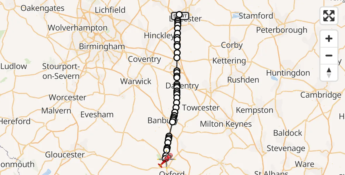 Flight route Air Ambulance Helicopter New Parks - London Oxford Airport, 26 July 2026, 17:30