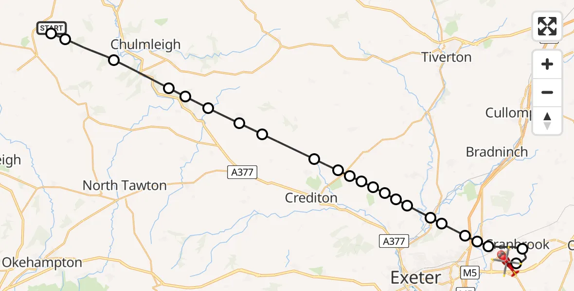 Flight route Air Ambulance Helicopter Eaglescott Airfield - Exeter International Airport, 26 July 2026, 17:31