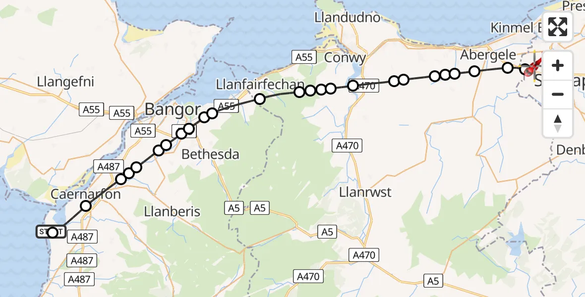 Flight route Air Ambulance Helicopter Caernarfon Airport - St Asaph, 26 July 2026, 17:34