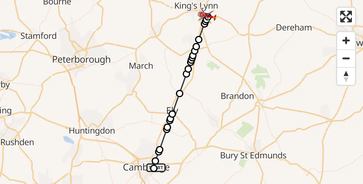 Flight route Air Ambulance Helicopter Cambridge City Airport - Middleton, 26 July 2026, 17:41