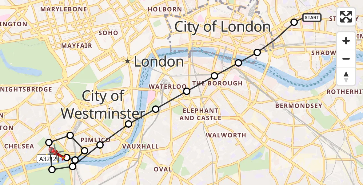 Flight route Air Ambulance Helicopter Royal London Hospital - Chelsea, 26 July 2026, 17:42