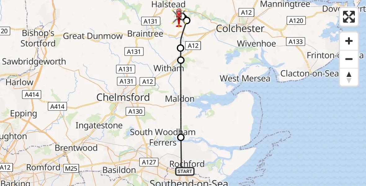 Flight route Air Ambulance Helicopter London Southend Airport - Earls Colne Airfield, 26 July 2026, 17:42