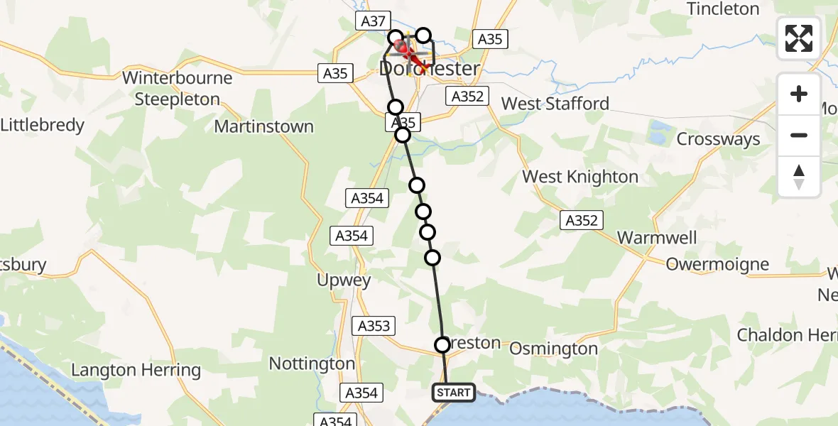 Flight route Air Ambulance Helicopter Weymouth - Dorchester, 26 July 2026, 17:43