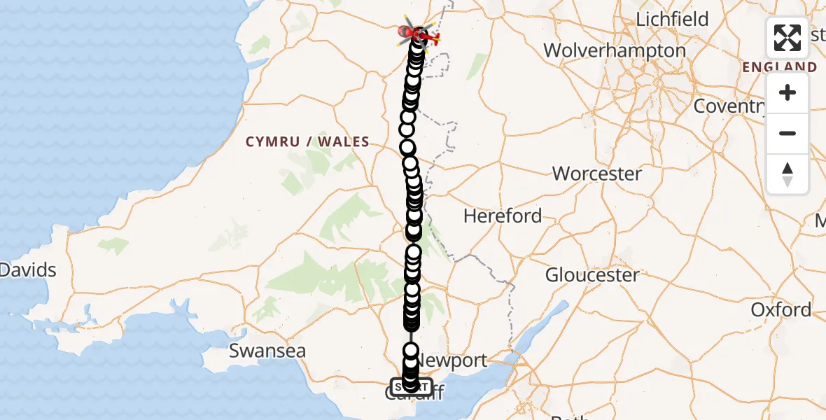 Flight route Air Ambulance Helicopter Birchgrove - Welshpool Airport, 26 July 2026, 17:44
