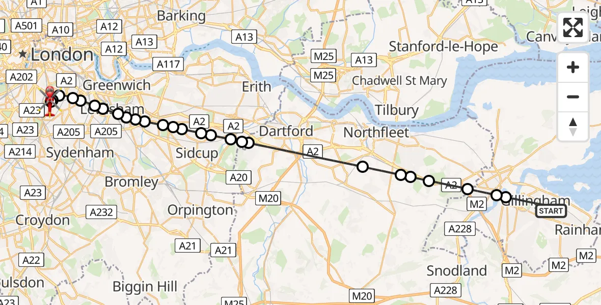 Flight route Air Ambulance Helicopter Gillingham - Kings College London Hospital, 26 July 2026, 18:15