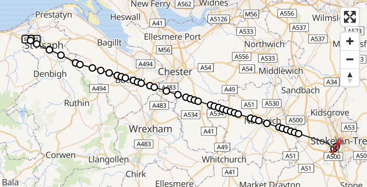 Flight route Air Ambulance Helicopter Ysbyty Glan Clywd Hospital Heliport - Newcastle-under-Lyme, 26 July 2026, 18:22