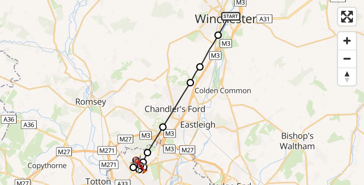 Flight route Air Ambulance Helicopter Winchester - University Hospital Southampton, 26 July 2026, 18:22