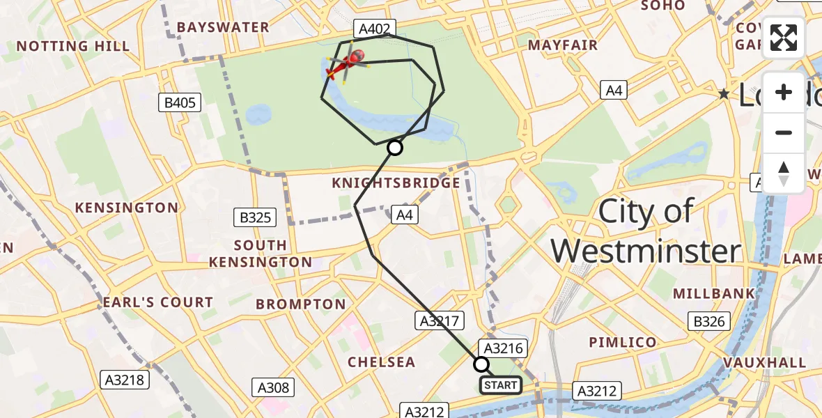 Flight route Air Ambulance Helicopter Chelsea - City of Westminster, 26 July 2026, 18:36