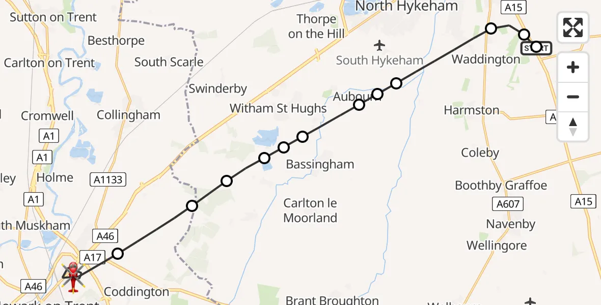 Flight route Air Ambulance Helicopter RAF Waddington - Newark on Trent, 26 July 2026, 18:41