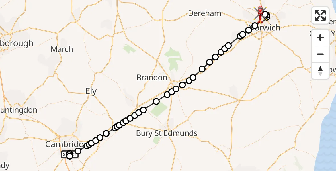 Flight route Air Ambulance Helicopter Papworth Hospital - Norwich Airport, 26 July 2026, 18:42