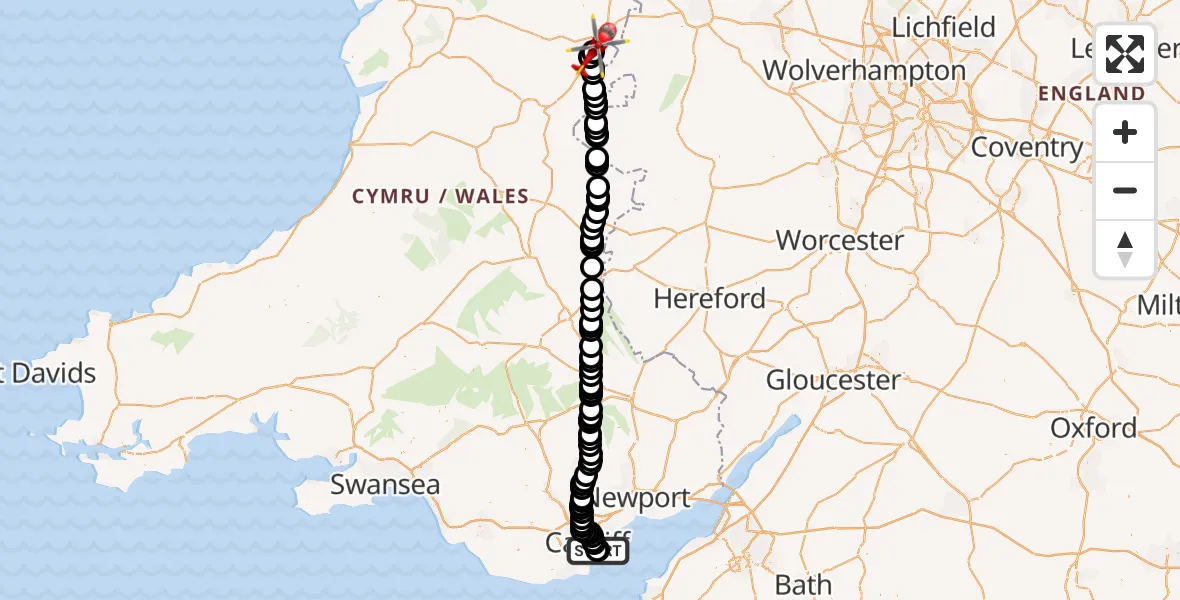 Flight route Air Ambulance Helicopter Cardiff Heliport - Welshpool Airport, 26 July 2026, 18:48