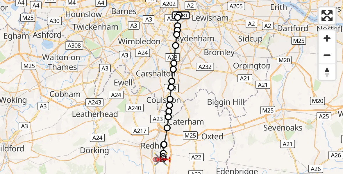 Flight route Air Ambulance Helicopter Kings College London Hospital - Redhill Aerodrome, 26 July 2026, 18:51