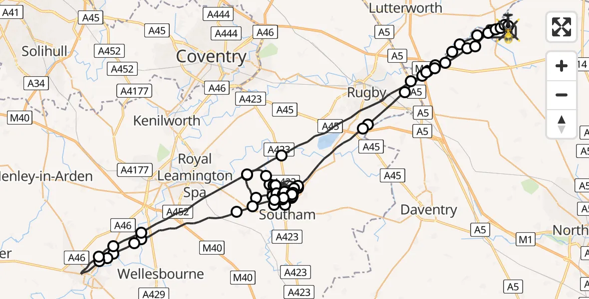 Flight route Police Helicopter Husbands Bosworth Airfield - Harborough, 26 July 2026, 18:55