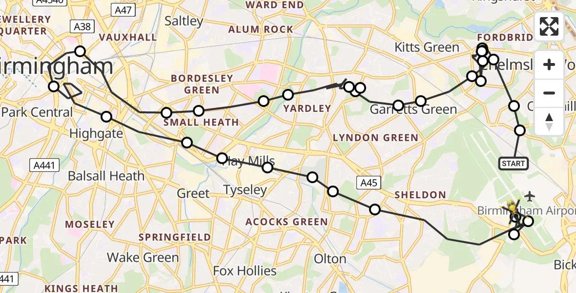 Flight route Police Helicopter Birmingham Airport - Birmingham Airport, 26 July 2026, 18:57