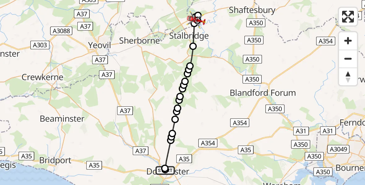 Flight route Air Ambulance Helicopter Dorchester Hospital - Henstridge Airfield, 26 July 2026, 18:58