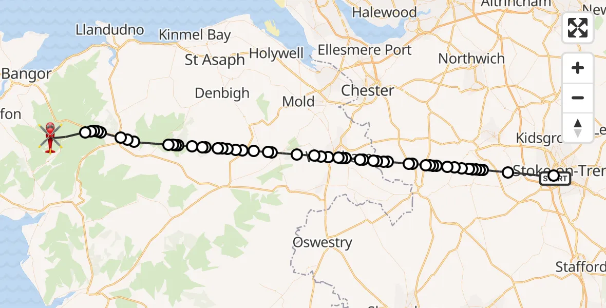 Flight route Air Ambulance Helicopter University Hospital North Staffs - Llanberis, 26 July 2026, 19:01