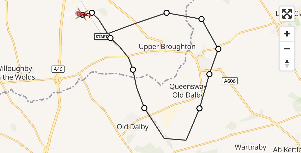 Flight route Air Ambulance Helicopter Hickling - Nottingham Heliport, 26 July 2026, 19:01