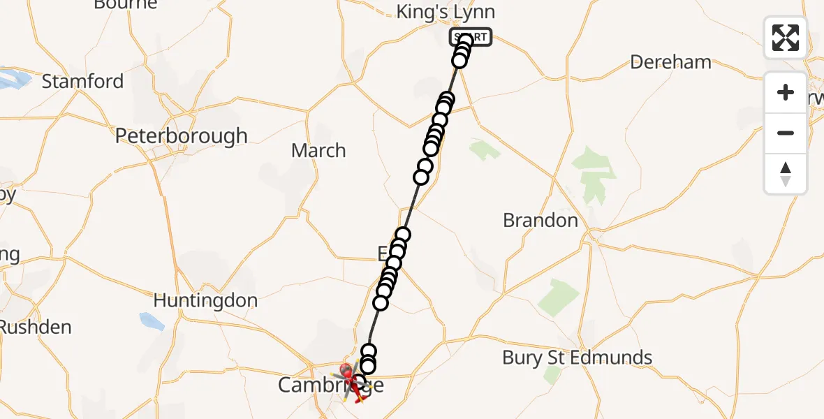 Flight route Air Ambulance Helicopter Middleton - Cambridge City Airport, 26 July 2026, 19:02