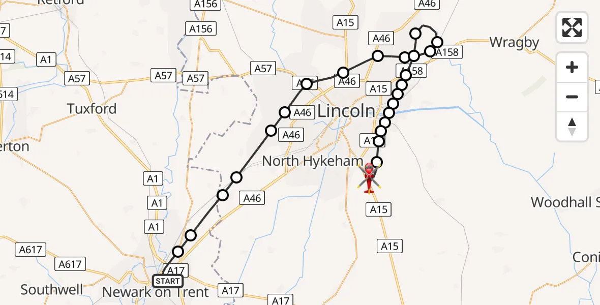 Flight route Air Ambulance Helicopter Newark on Trent - North Kesteven, 26 July 2026, 19:03