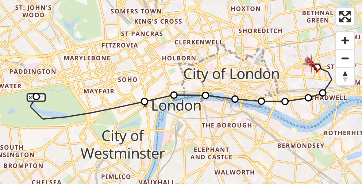 Flight route Air Ambulance Helicopter City of Westminster - Royal London Hospital, 26 July 2026, 19:03
