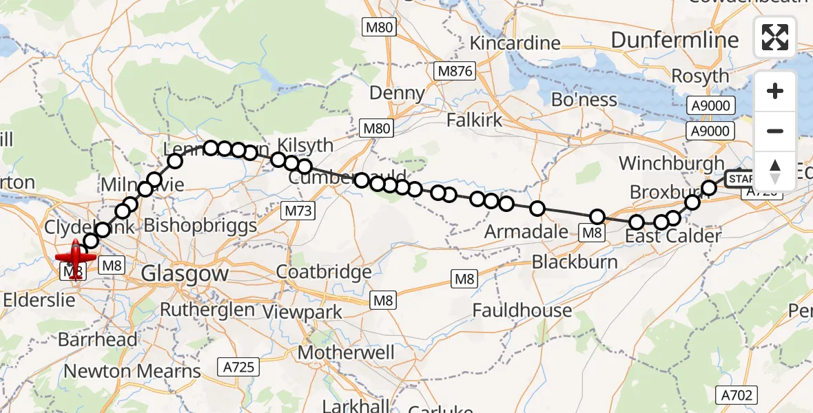 Flight route Air Ambulance Aircraft Edinburgh Airport - Glasgow Airport, 26 July 2026, 19:24