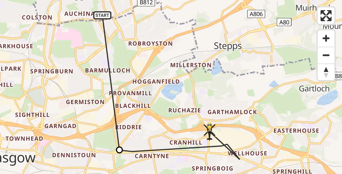 Flight route Police Helicopter Bishopbriggs - Glasgow, 26 July 2026, 19:34