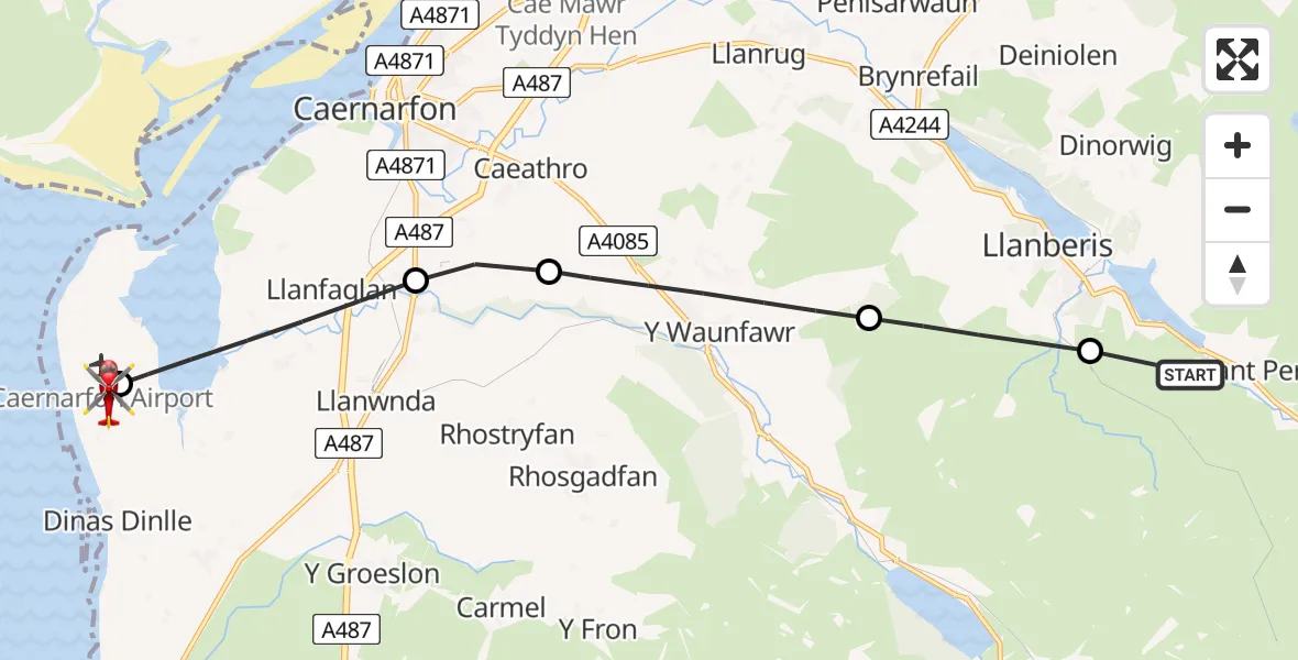 Flight route Air Ambulance Helicopter Nant Peris - Caernarfon Airport, 26 July 2026, 19:40