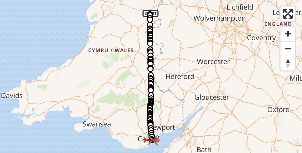 Flight route Air Ambulance Helicopter Welshpool Airport - Cardiff Heliport, 26 July 2026, 19:40