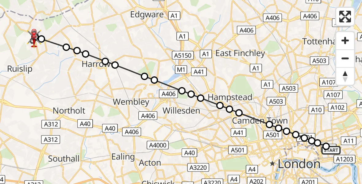 Flight route Air Ambulance Helicopter Royal London Hospital - Northwood, 26 July 2026, 19:43