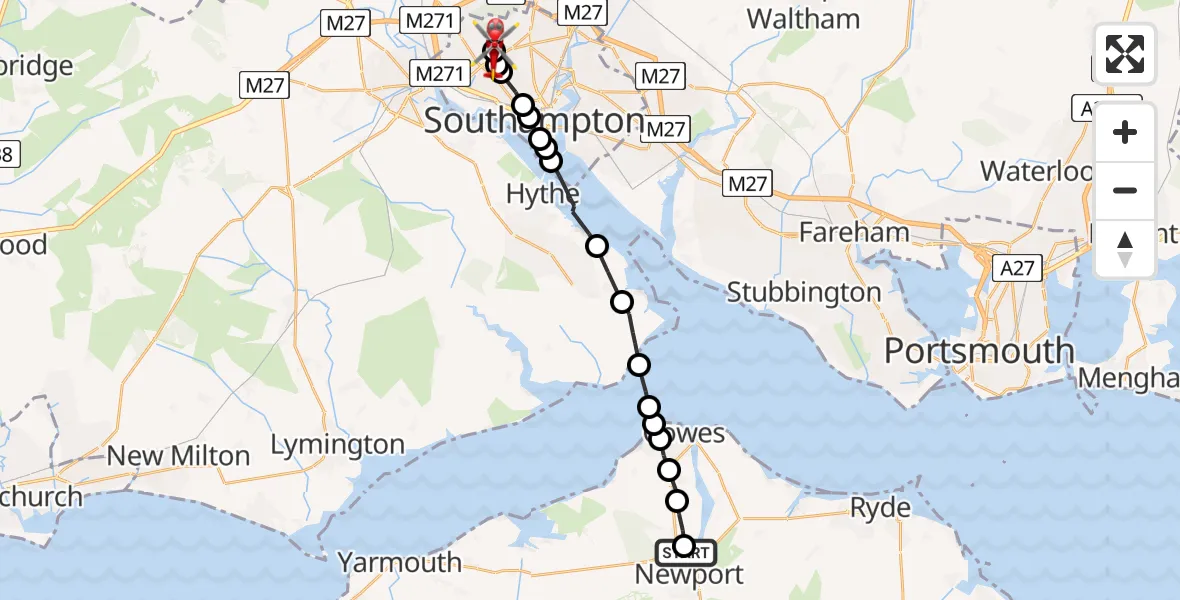 Flight route Air Ambulance Helicopter St Marys Hospital Isle Of Wight - University Hospital Southampton, 26 July 2026, 19:55