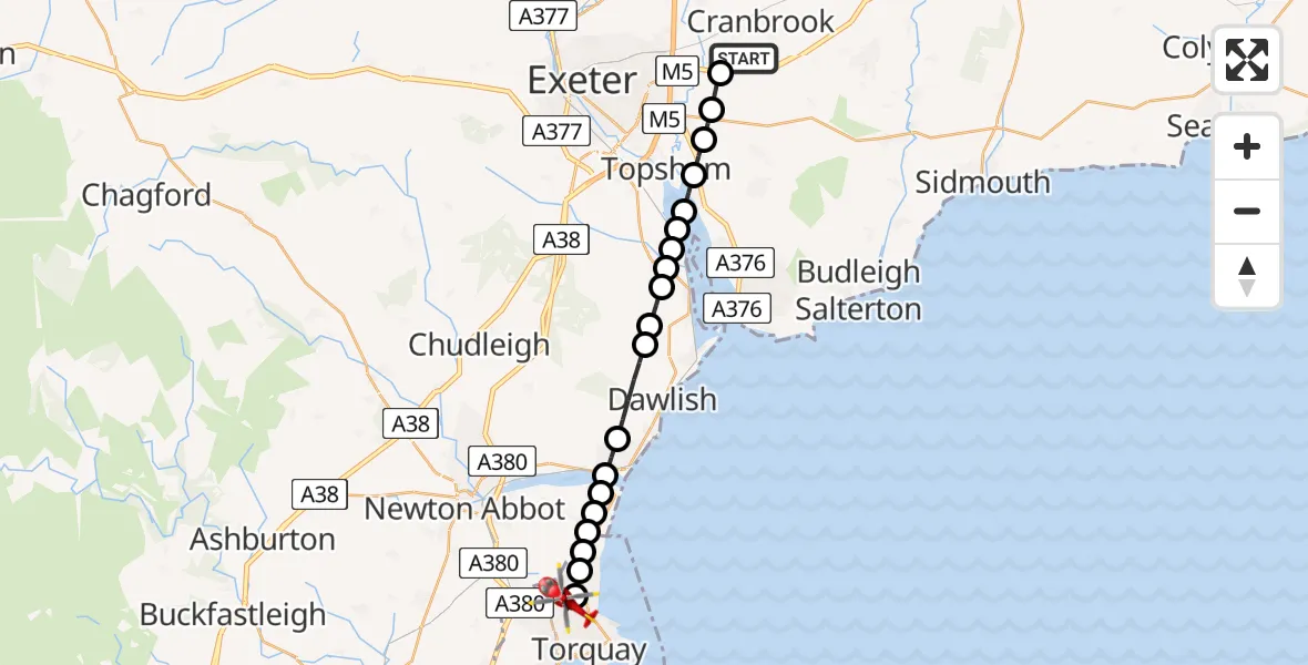 Flight route Air Ambulance Helicopter Exeter International Airport - Torquay, 26 July 2026, 19:56