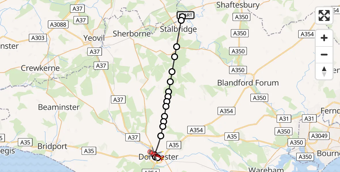 Flight route Air Ambulance Helicopter Henstridge Airfield - Dorchester, 26 July 2026, 20:16