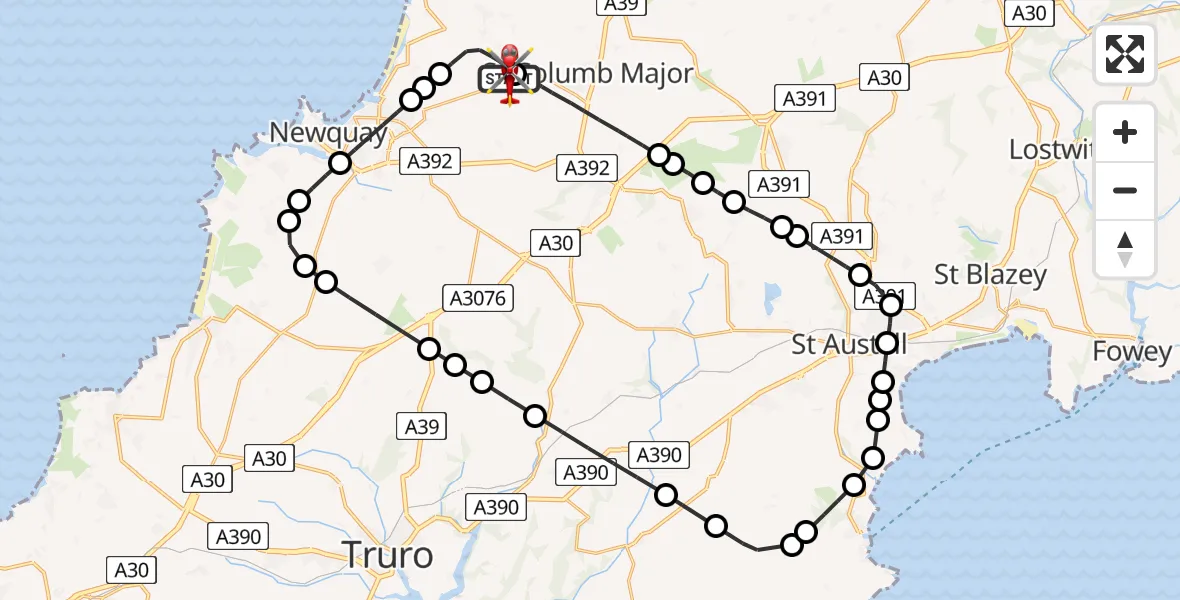 Flight route Air Ambulance Helicopter Cornwall Airport Newquay - Cornwall Airport Newquay, 26 July 2026, 20:20