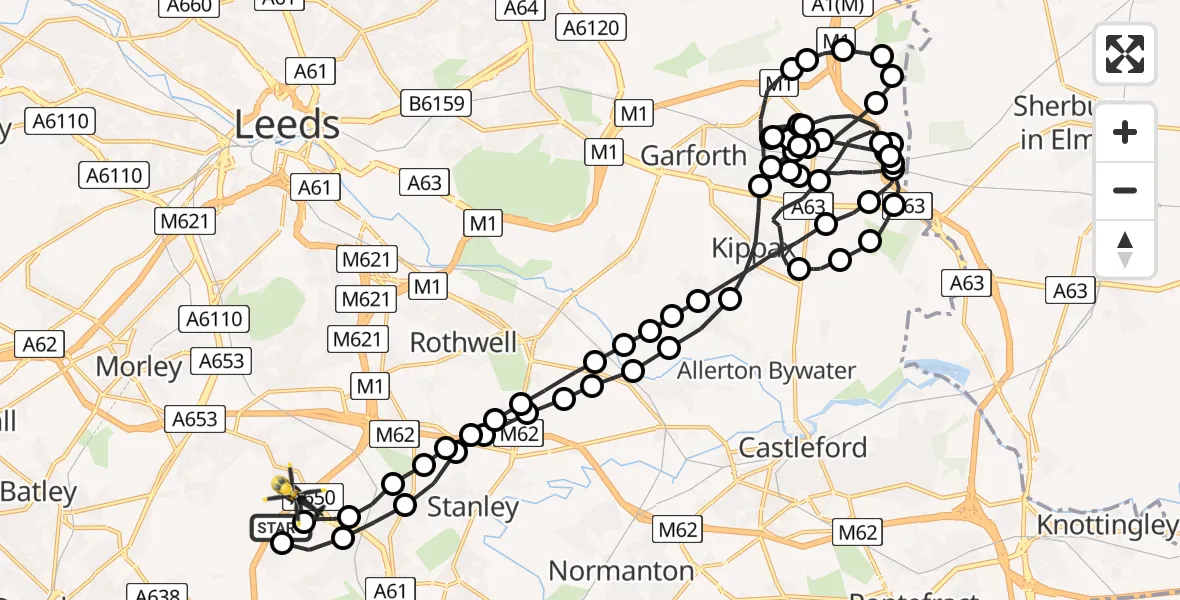 Flight route Police Helicopter East Ardsley - East Ardsley, 26 July 2026, 20:33