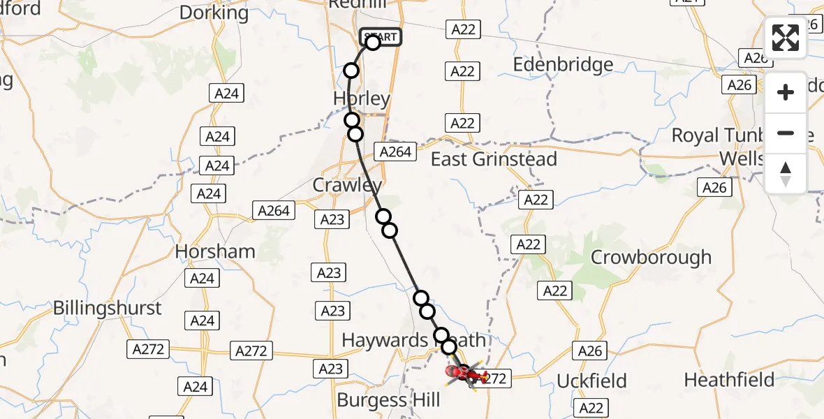Flight route Air Ambulance Helicopter Redhill Aerodrome - Lewes, 26 July 2026, 20:34