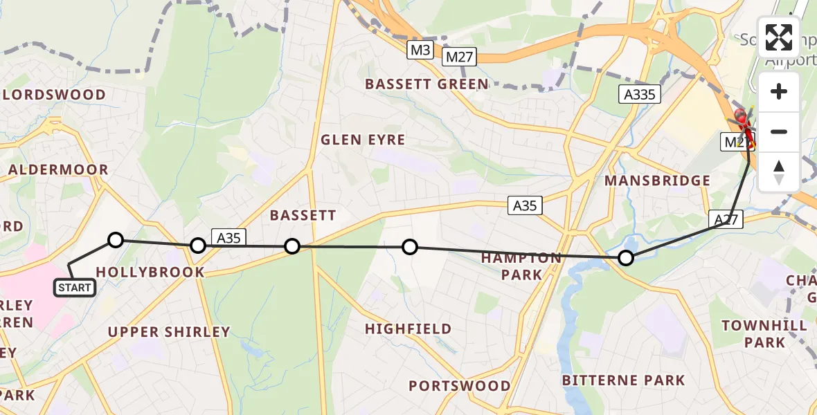 Flight route Air Ambulance Helicopter University Hospital Southampton - Southampton Airport, 26 July 2026, 20:43