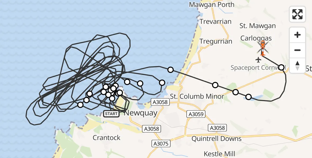 Flight route Coastguard Helicopter Newquay - Cornwall Airport Newquay, 26 July 2026, 20:53