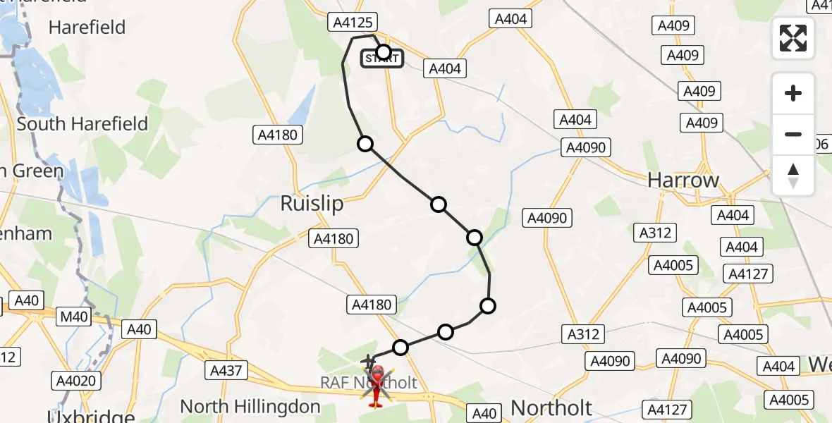 Flight route Air Ambulance Helicopter Northwood - RAF Northolt, 26 July 2026, 21:05