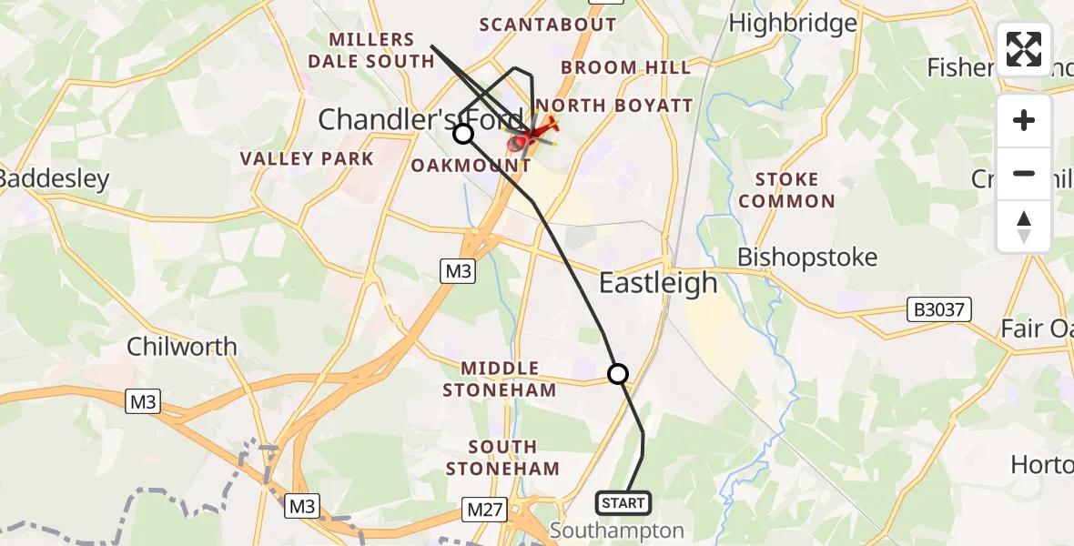 Flight route Air Ambulance Helicopter Southampton Airport - Chandler's Ford, 26 July 2026, 21:07