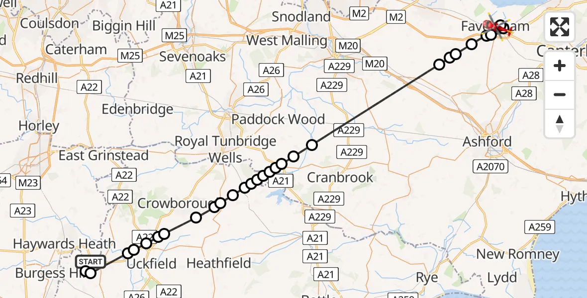 Flight route Air Ambulance Helicopter Lewes - Faversham, 26 July 2026, 21:15