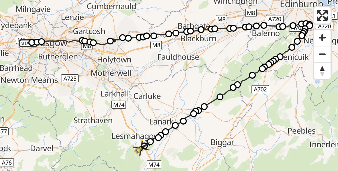 Flight route Police Helicopter Queen Elizabeth Hospital - Lesmahagow, 26 July 2026, 21:17