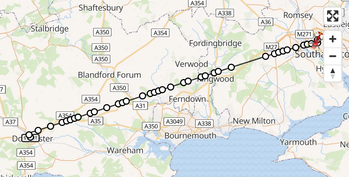 Flight route Air Ambulance Helicopter Dorchester Hospital - University Hospital Southampton, 26 July 2026, 21:28